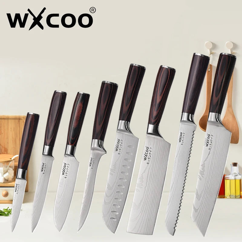 WXCOO Santoku Knife Set Japanese Butcher Carving Bread Fruit Meat Cleaver Boning High Carbon Steel Kitchen Knives