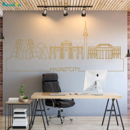 Madrid Skyline Simple Line Decoration City Skyline Wall Sticker Home Decor Vinyl Removable Cityscape Decals Art Design YT1450