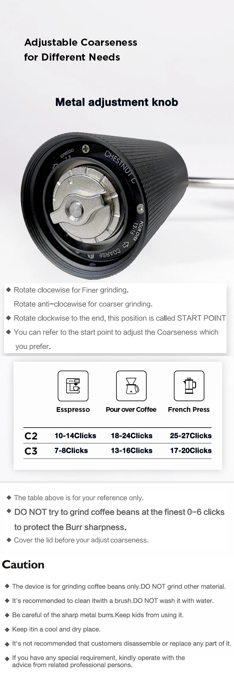 TIMEMORE Chestnut C3 Manual Coffee Grinder Portable Pour over Espresso Grinder S2C Burr Inside Hand Grinder With Double Bearing