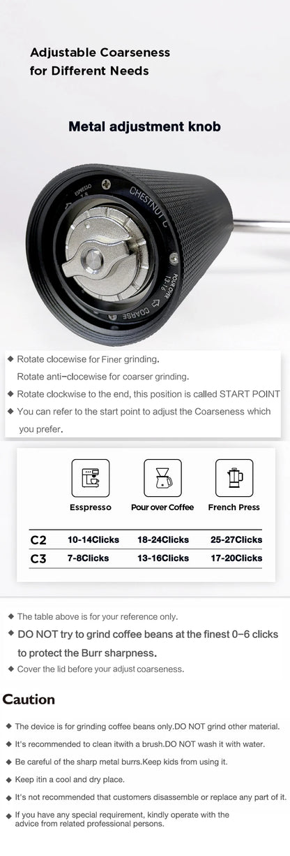 TIMEMORE Chestnut C3 Manual Coffee Grinder Portable Pour over Espresso Grinder S2C Burr Inside Hand Grinder With Double Bearing