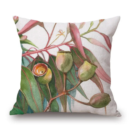 Australian Native Local Birds And Plants Cushion Cover Kookaburra Possum Gumleaves Gumnuts Floral Print Pillow Case