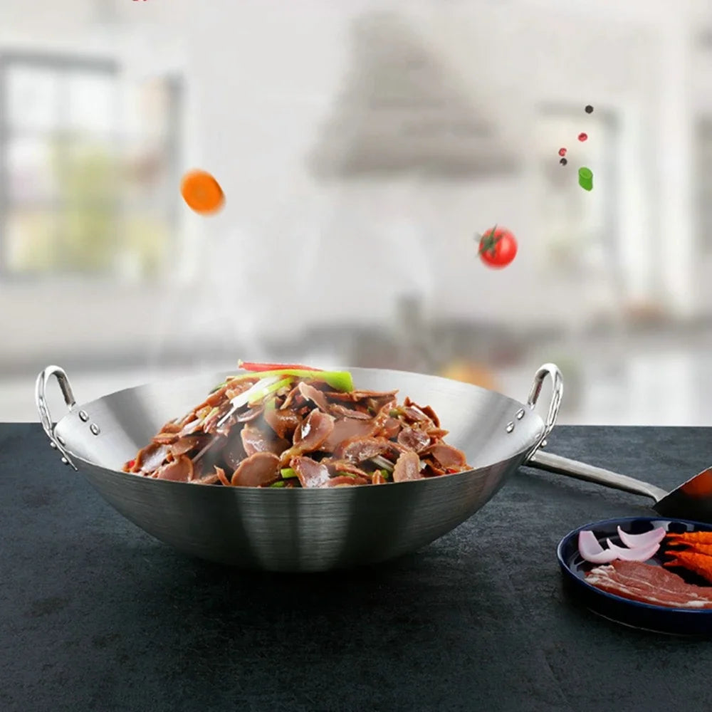 Stainless Steel Double Ear Chef Fry Wok Gas Cooker Traditional Handmade Pot Non Coating Woks