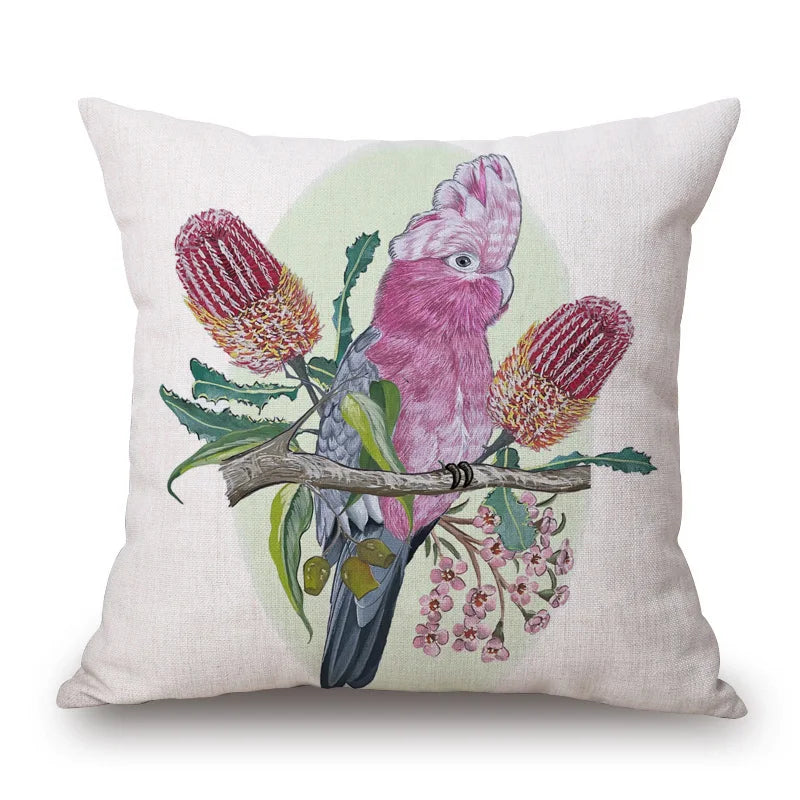 Australian Native Local Birds And Plants Cushion Cover Kookaburra Possum Gumleaves Gumnuts Floral Print Pillow Case