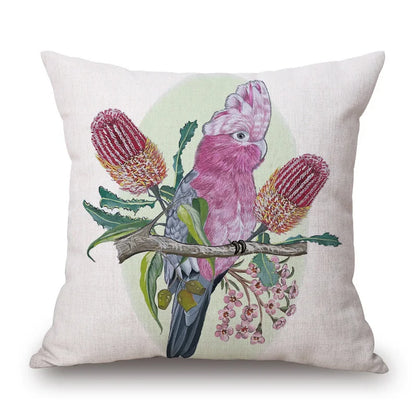 Australian Native Local Birds And Plants Cushion Cover Kookaburra Possum Gumleaves Gumnuts Floral Print Pillow Case