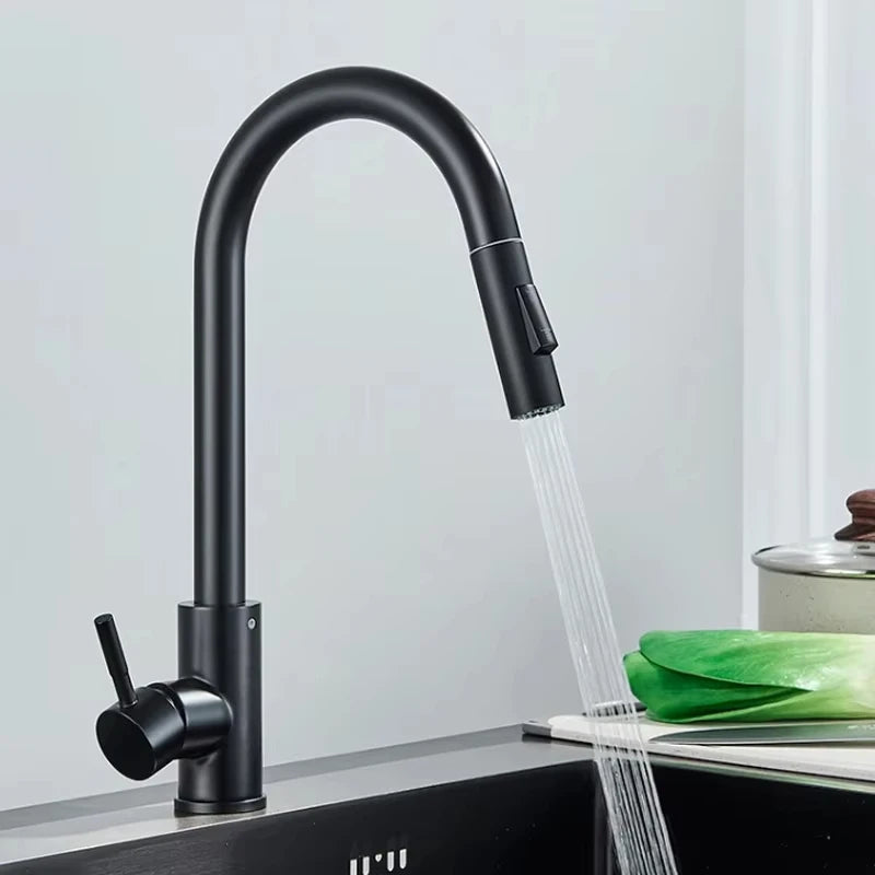 Stainless steel kitchen faucet, single-hole pull-out spout, kitchen sink mixing faucet, 360° rotating cleaning faucet