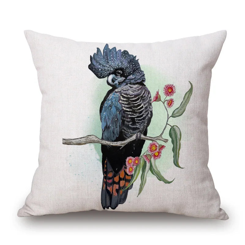 Australian Native Local Birds And Plants Cushion Cover Kookaburra Possum Gumleaves Gumnuts Floral Print Pillow Case