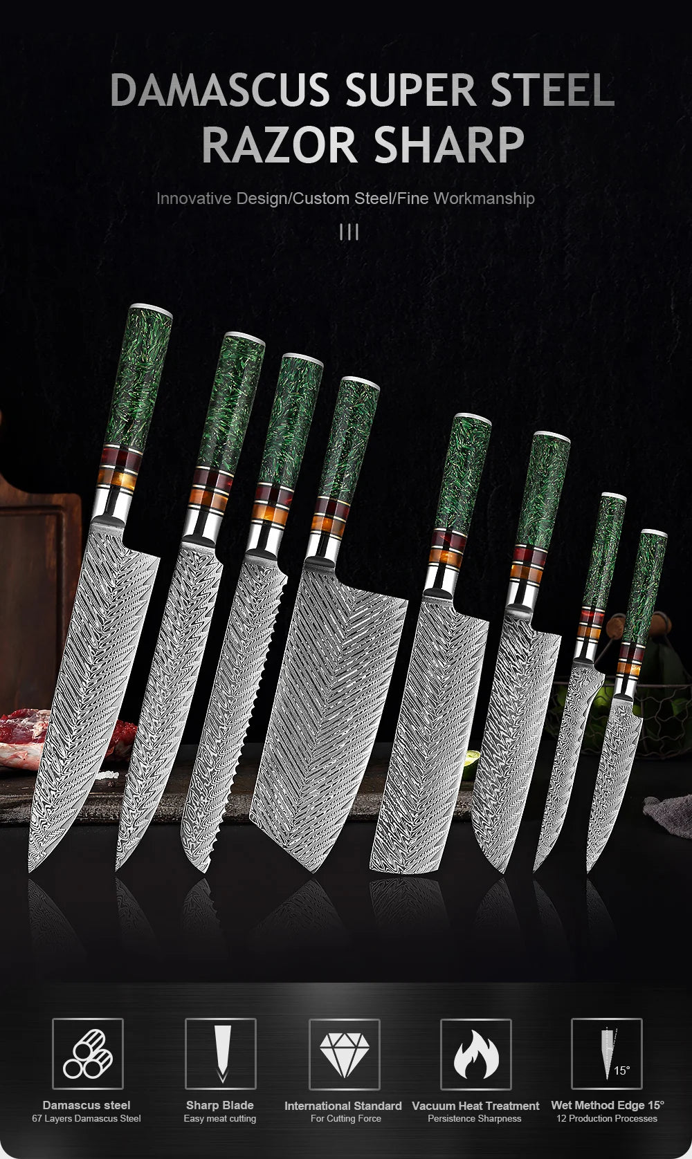 XITUO Luxury Damascus Kitchen Knife Set Japan Chef Santoku Knife Cleaver Paring Bread Knife Featured Resin Synthesis Handle
