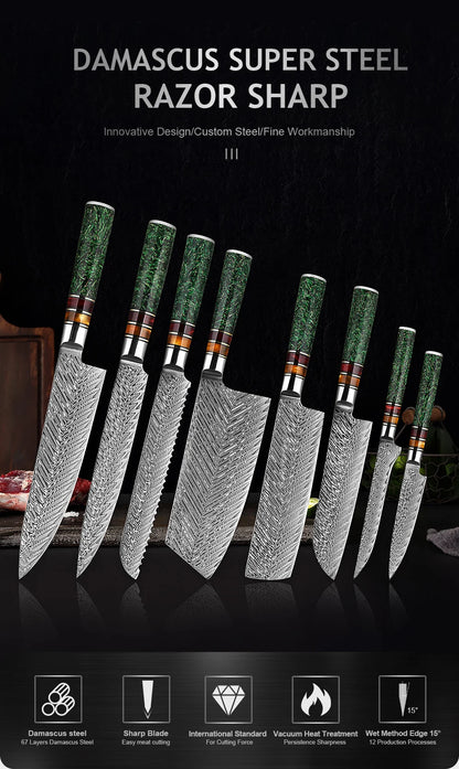 XITUO Luxury Damascus Kitchen Knife Set Japan Chef Santoku Knife Cleaver Paring Bread Knife Featured Resin Synthesis Handle