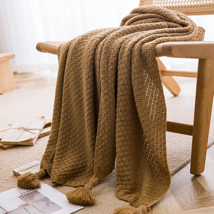 Nordic Retro Chunky Tassel Throw Blanket Boho Knitted Sofa Cover with Large Pompoms Waffle Texture Bed Runner for Living Room