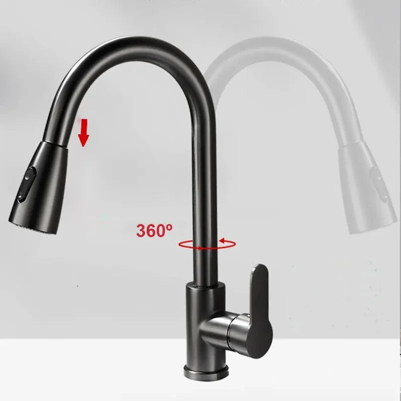 Stainless steel kitchen faucet, single-hole pull-out spout, kitchen sink mixing faucet, 360° rotating cleaning faucet