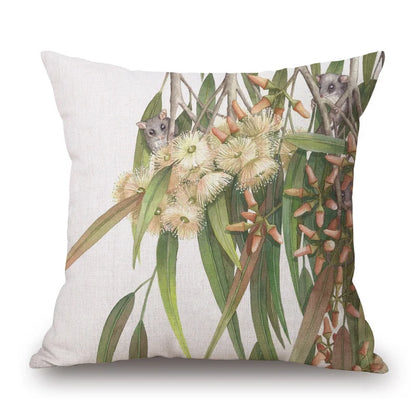 Australian Native Local Birds And Plants Cushion Cover Kookaburra Possum Gumleaves Gumnuts Floral Print Pillow Case
