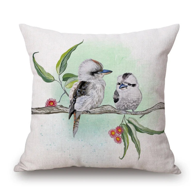 Australian Native Local Birds And Plants Cushion Cover Kookaburra Possum Gumleaves Gumnuts Floral Print Pillow Case