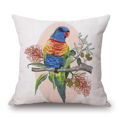 Australian Native Local Birds And Plants Cushion Cover Kookaburra Possum Gumleaves Gumnuts Floral Print Pillow Case