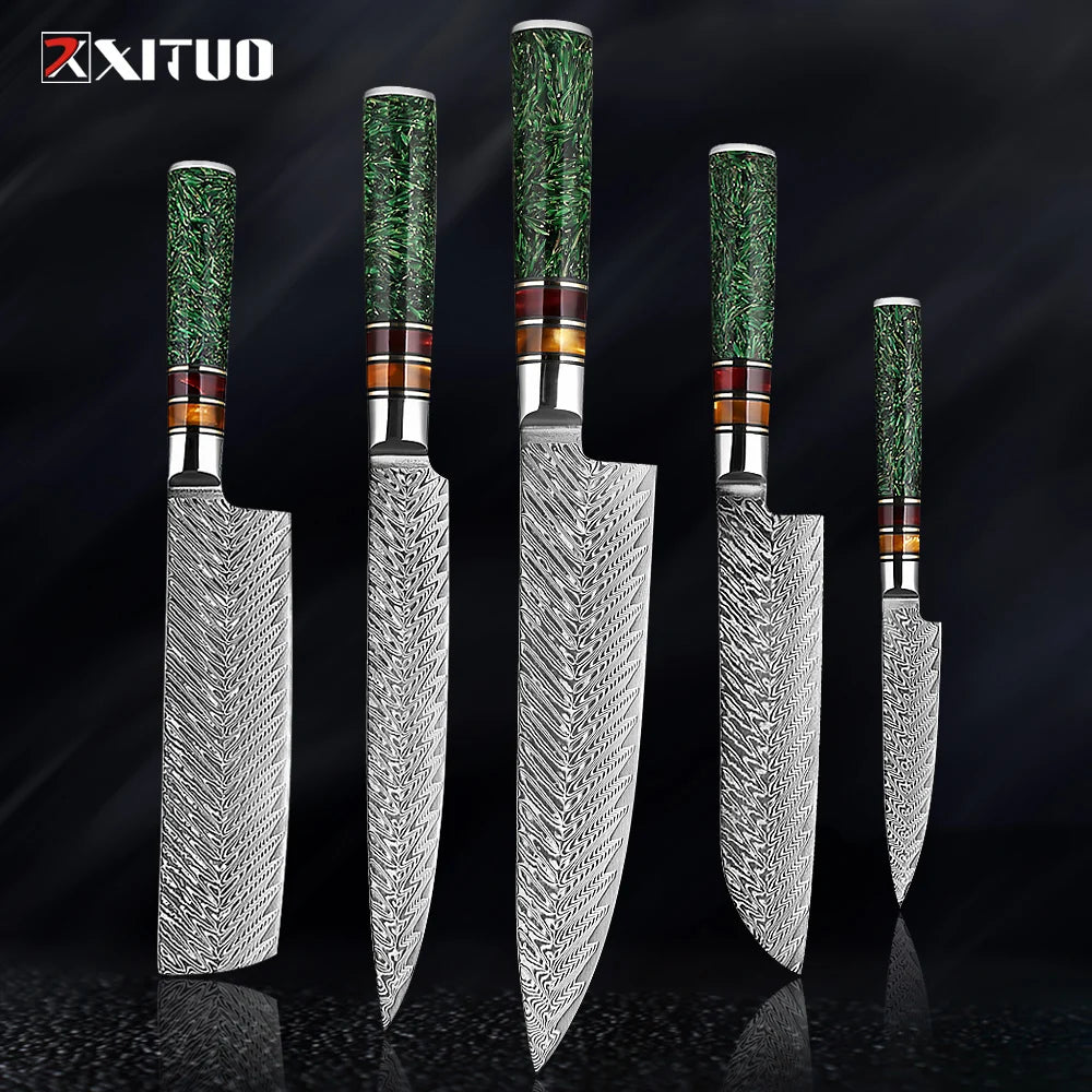 XITUO Luxury Damascus Kitchen Knife Set Japan Chef Santoku Knife Cleaver Paring Bread Knife Featured Resin Synthesis Handle