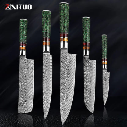 XITUO Luxury Damascus Kitchen Knife Set Japan Chef Santoku Knife Cleaver Paring Bread Knife Featured Resin Synthesis Handle