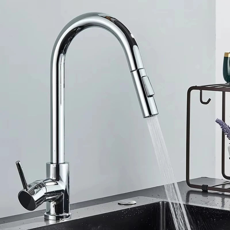 Stainless steel kitchen faucet, single-hole pull-out spout, kitchen sink mixing faucet, 360° rotating cleaning faucet