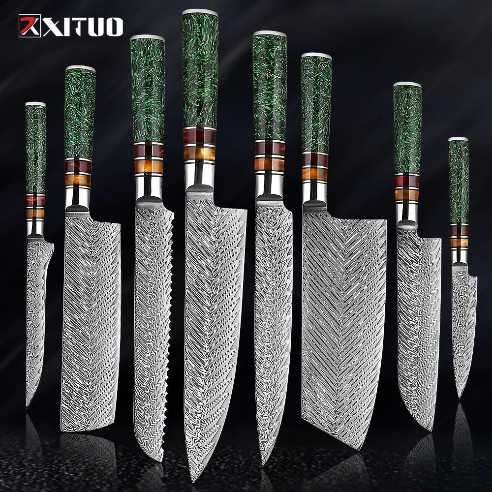 XITUO Luxury Damascus Kitchen Knife Set Japan Chef Santoku Knife Cleaver Paring Bread Knife Featured Resin Synthesis Handle
