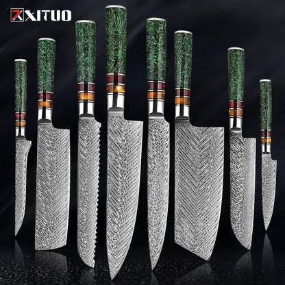 XITUO Luxury Damascus Kitchen Knife Set Japan Chef Santoku Knife Cleaver Paring Bread Knife Featured Resin Synthesis Handle