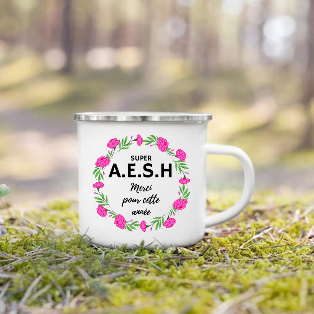 Merci Aesh Print Mugs Creative Coffee Cups Drinks Water Enamel Cup School Handle Drinkware Best Graduation Thanks Gifts for Aesh