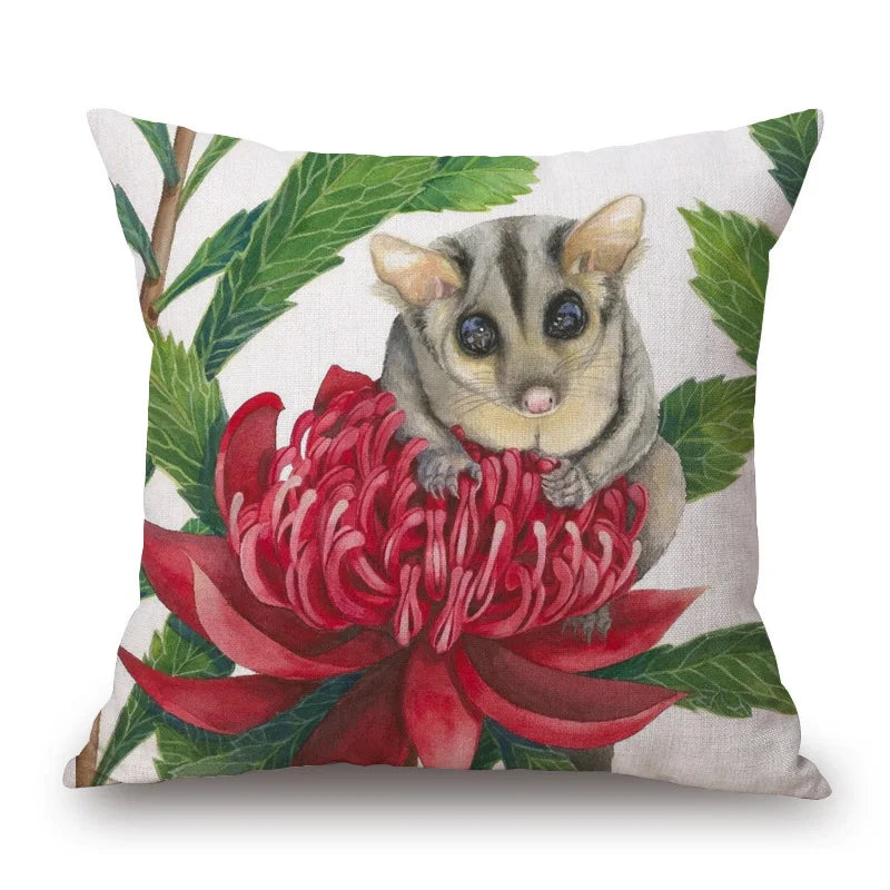 Australian Native Local Birds And Plants Cushion Cover Kookaburra Possum Gumleaves Gumnuts Floral Print Pillow Case