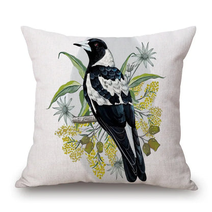 Australian Native Local Birds And Plants Cushion Cover Kookaburra Possum Gumleaves Gumnuts Floral Print Pillow Case
