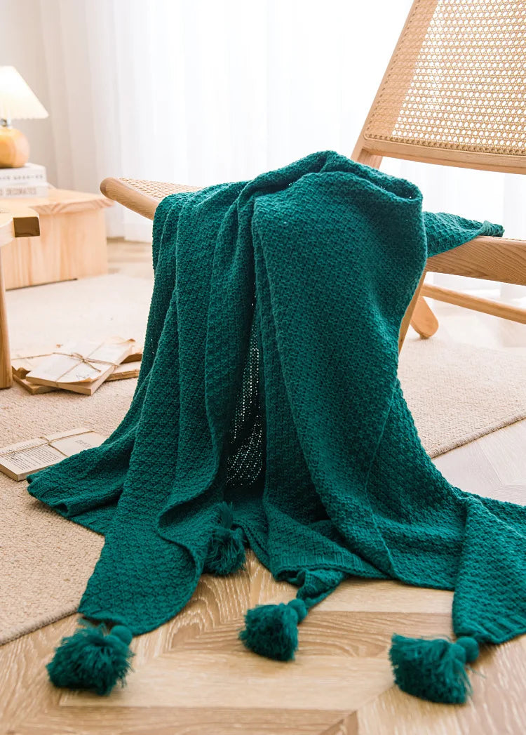 Nordic Retro Chunky Tassel Throw Blanket Boho Knitted Sofa Cover with Large Pompoms Waffle Texture Bed Runner for Living Room