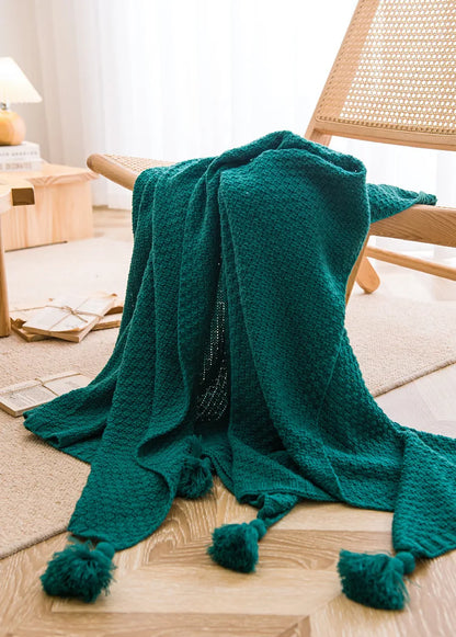 Nordic Retro Chunky Tassel Throw Blanket Boho Knitted Sofa Cover with Large Pompoms Waffle Texture Bed Runner for Living Room