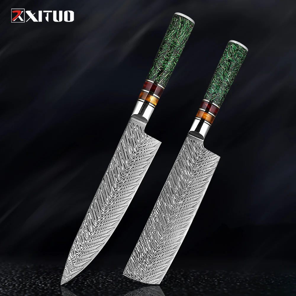 XITUO Luxury Damascus Kitchen Knife Set Japan Chef Santoku Knife Cleaver Paring Bread Knife Featured Resin Synthesis Handle