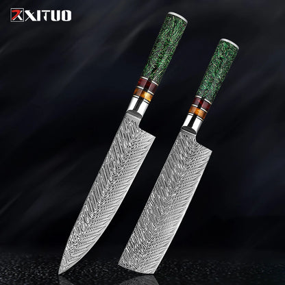XITUO Luxury Damascus Kitchen Knife Set Japan Chef Santoku Knife Cleaver Paring Bread Knife Featured Resin Synthesis Handle