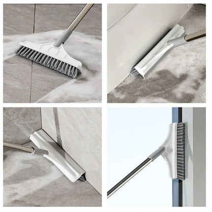 Rotating Floor Scrub Brush Long Handle Windows Squeegee Stiff Bristle Broom Mop 2In1 for Bathroom Kitchen Floor Crevice Cleaning