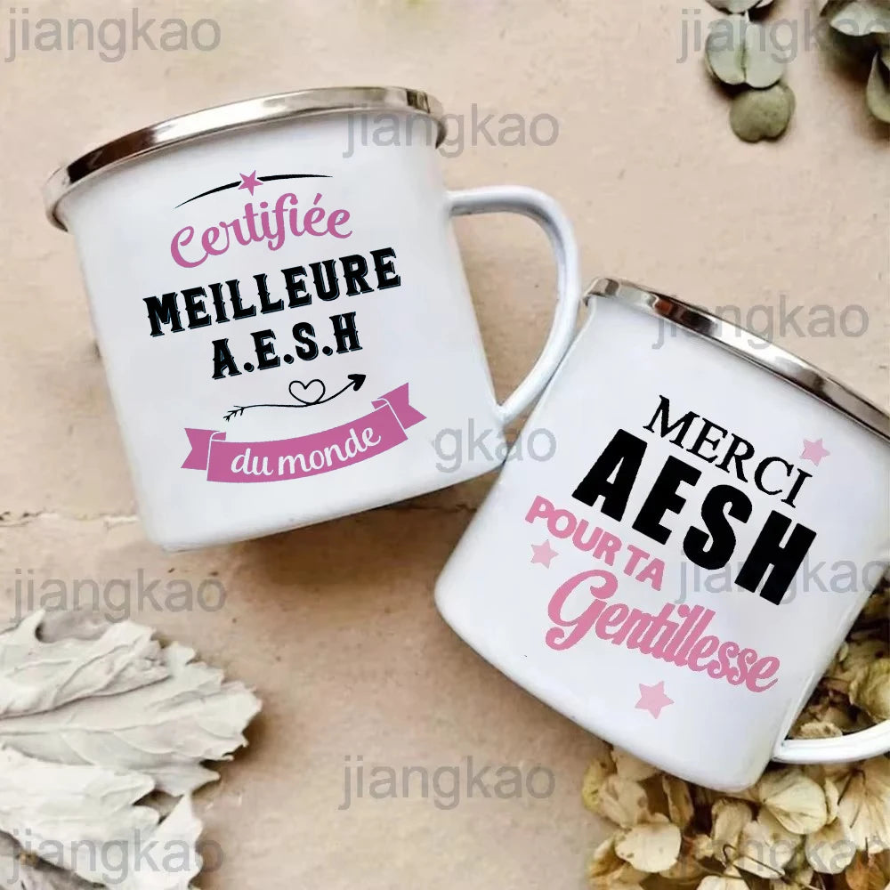 Merci Aesh Print Mugs Creative Coffee Cups Drinks Water Enamel Cup School Handle Drinkware Best Graduation Thanks Gifts for Aesh