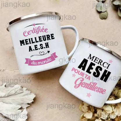 Merci Aesh Print Mugs Creative Coffee Cups Drinks Water Enamel Cup School Handle Drinkware Best Graduation Thanks Gifts for Aesh