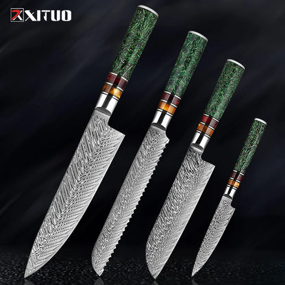 XITUO Luxury Damascus Kitchen Knife Set Japan Chef Santoku Knife Cleaver Paring Bread Knife Featured Resin Synthesis Handle