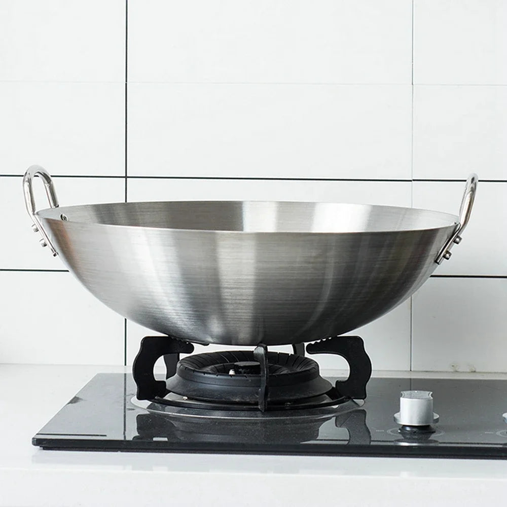 Stainless Steel Double Ear Chef Fry Wok Gas Cooker Traditional Handmade Pot Non Coating Woks
