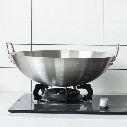 Stainless Steel Double Ear Chef Fry Wok Gas Cooker Traditional Handmade Pot Non Coating Woks