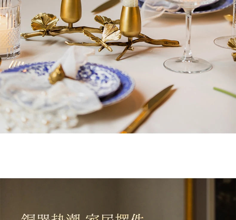 Golden metal brass candle holder, ginkgo leaves, European style, ancient desktop crafts, home decoration candle holders