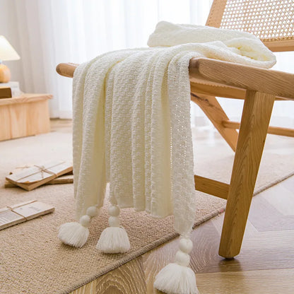 Nordic Retro Chunky Tassel Throw Blanket Boho Knitted Sofa Cover with Large Pompoms Waffle Texture Bed Runner for Living Room