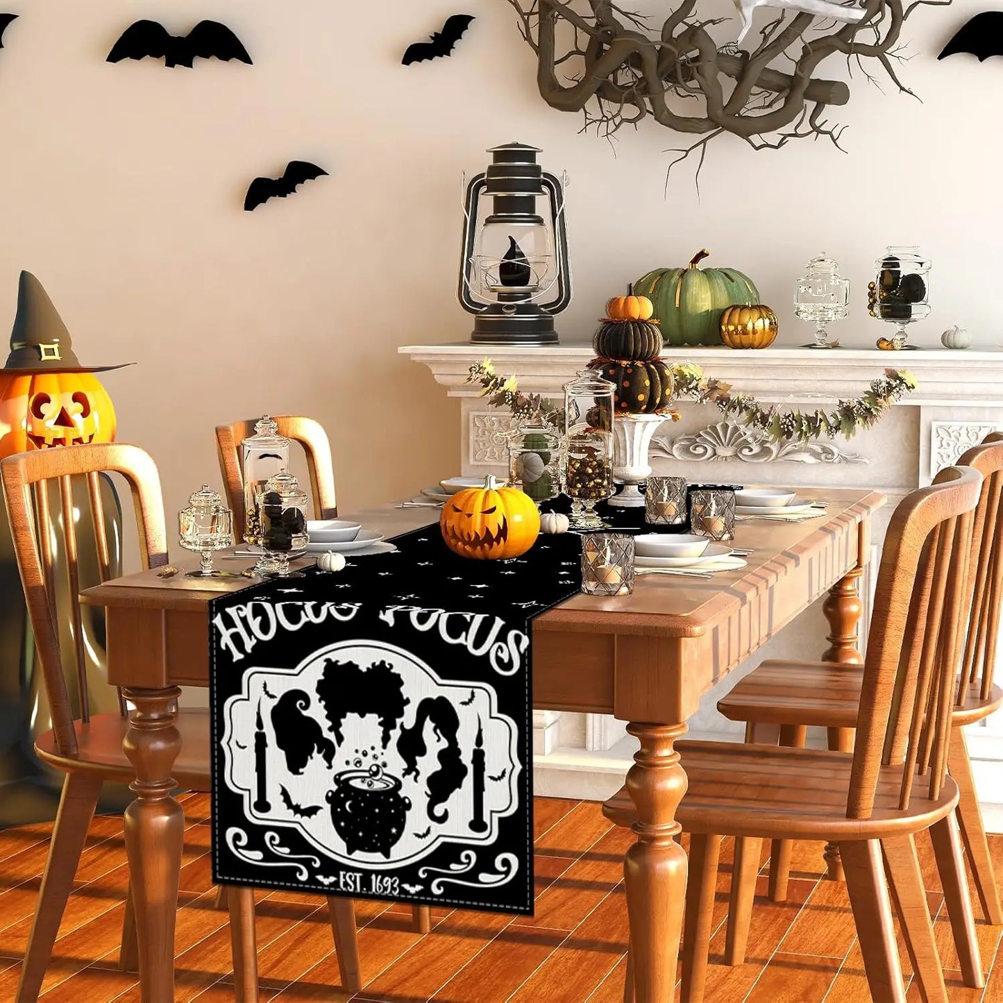 Halloween Hocus Pocus Black Linen Table Runner Sanderson Sisters Amuck Decor Kitchen Dining Table Deocor Halloween Decorations
