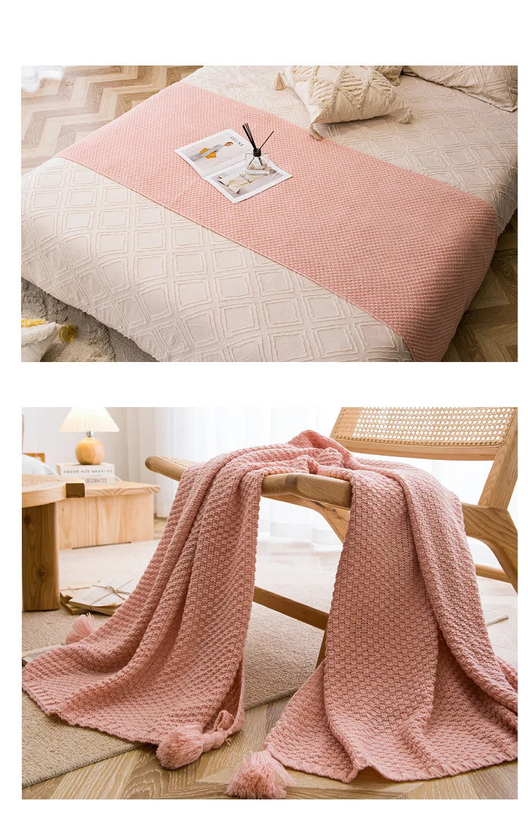 Nordic Retro Chunky Tassel Throw Blanket Boho Knitted Sofa Cover with Large Pompoms Waffle Texture Bed Runner for Living Room
