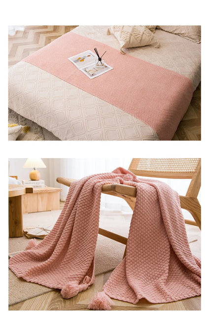 Nordic Retro Chunky Tassel Throw Blanket Boho Knitted Sofa Cover with Large Pompoms Waffle Texture Bed Runner for Living Room