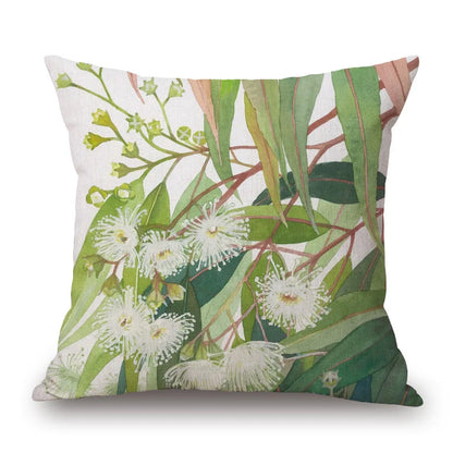 Australian Native Local Birds And Plants Cushion Cover Kookaburra Possum Gumleaves Gumnuts Floral Print Pillow Case