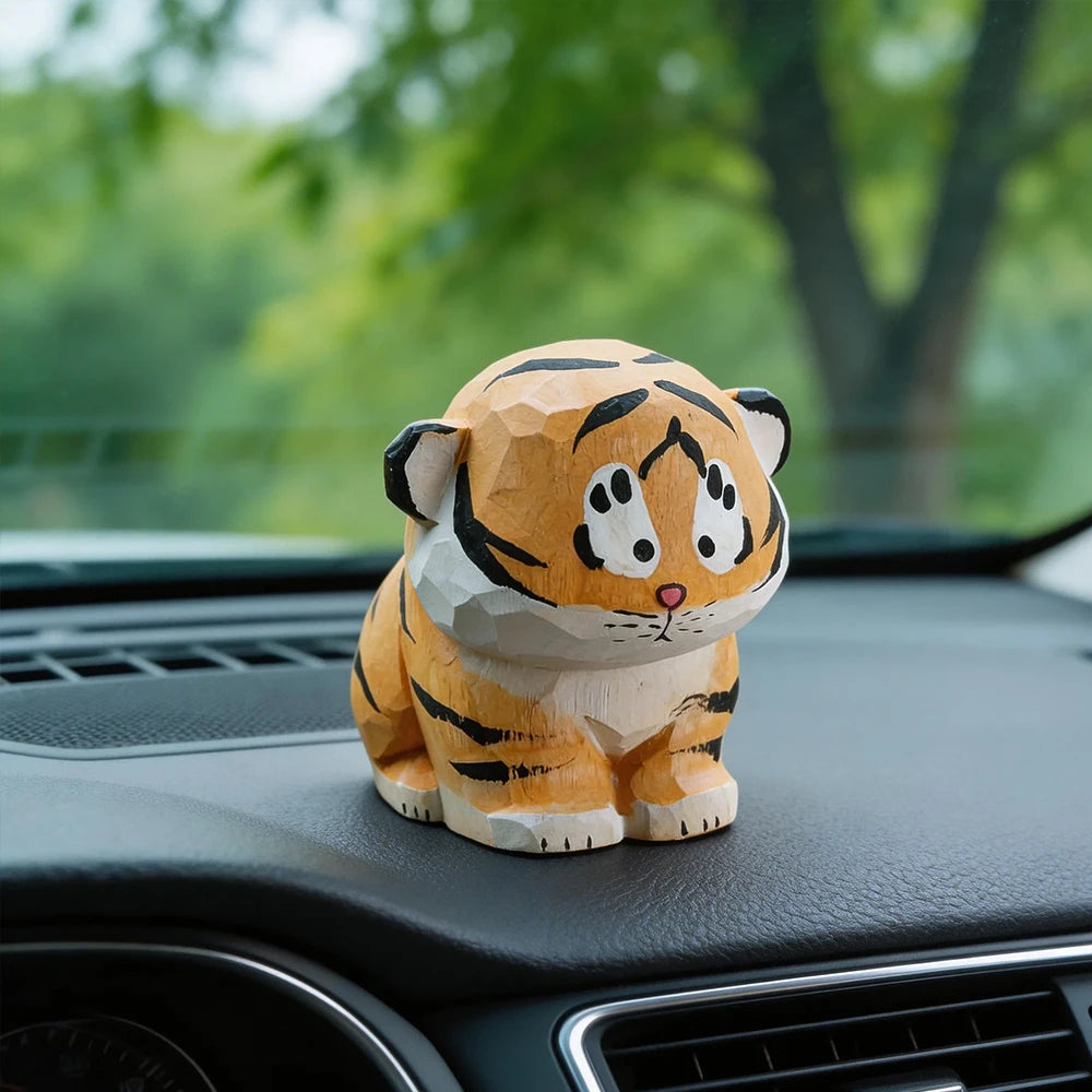 Cute Handmade Decorative Wooden Tiger Figurine Mini Animal Ornament Statue Carving Home Room Desktop accessories Decor Gift