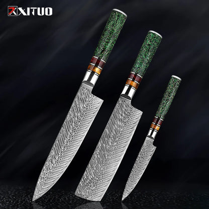XITUO Luxury Damascus Kitchen Knife Set Japan Chef Santoku Knife Cleaver Paring Bread Knife Featured Resin Synthesis Handle