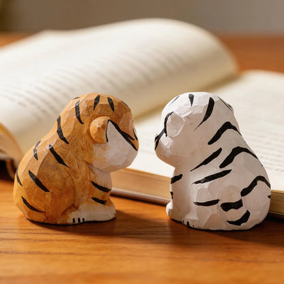 Cute Handmade Decorative Wooden Tiger Figurine Mini Animal Ornament Statue Carving Home Room Desktop accessories Decor Gift