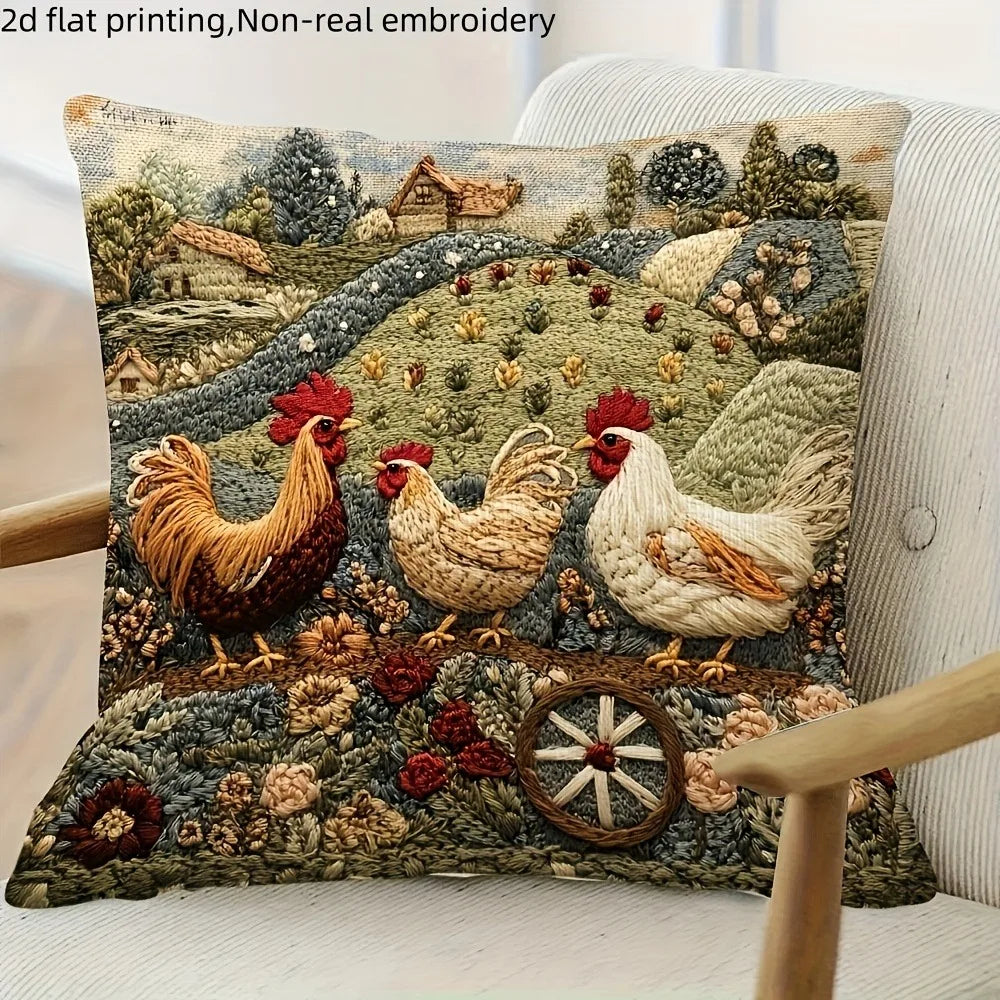 Farmyard Charm: 2D Flat-Printed Pillow with Stylish Chickens and Scenic Design Sofa cushion cover, home decoration, 2D printing