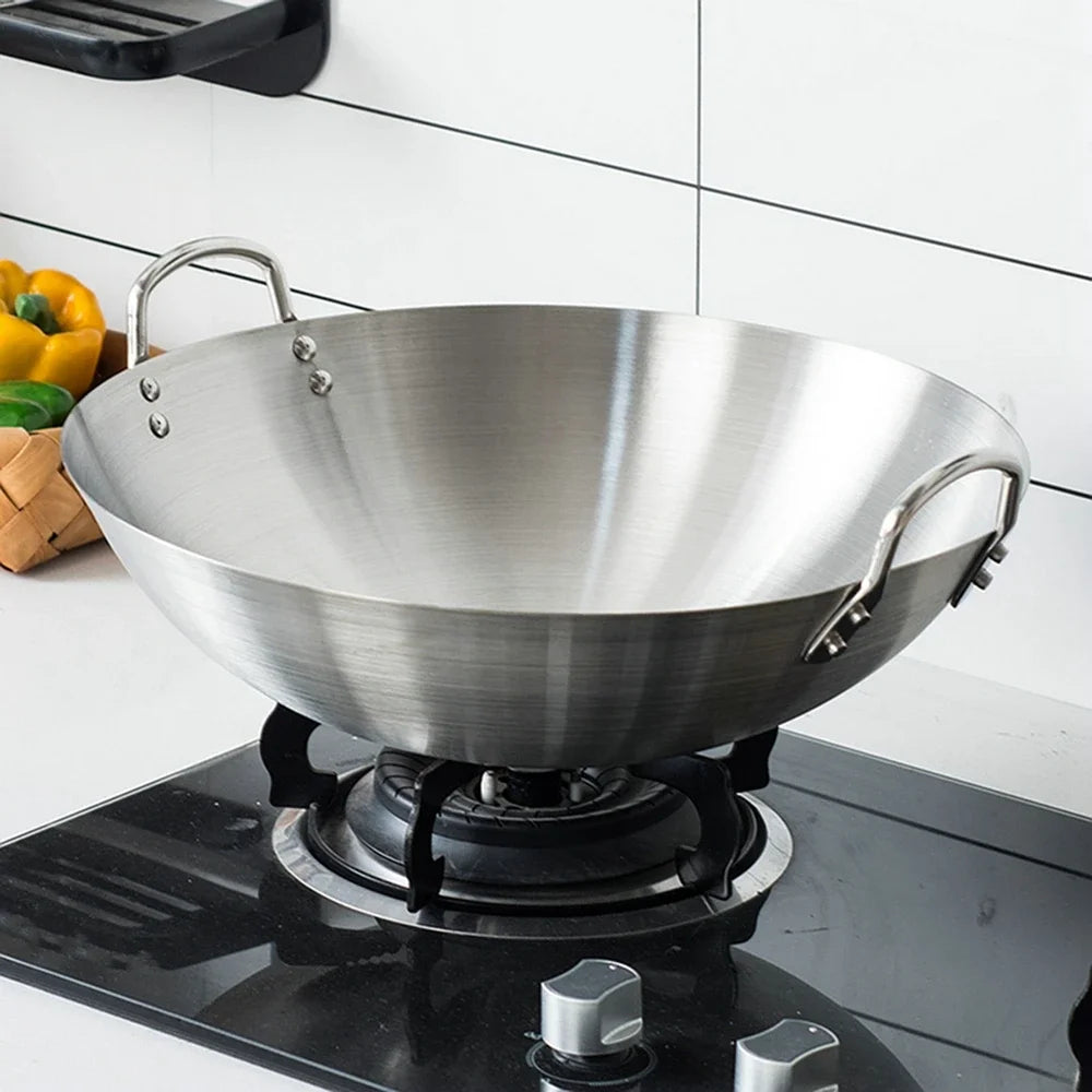 Stainless Steel Double Ear Chef Fry Wok Gas Cooker Traditional Handmade Pot Non Coating Woks
