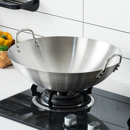 Stainless Steel Double Ear Chef Fry Wok Gas Cooker Traditional Handmade Pot Non Coating Woks