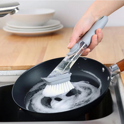 2 In 1 Kitchen Cleaning Brush Long Handle Pot Dish Sponge Dishwashing Scrubber Liquid Soap Dispenser Removable Cleaner Wash Wipe