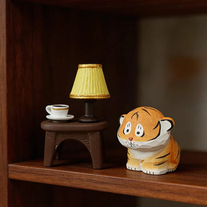 Cute Handmade Decorative Wooden Tiger Figurine Mini Animal Ornament Statue Carving Home Room Desktop accessories Decor Gift