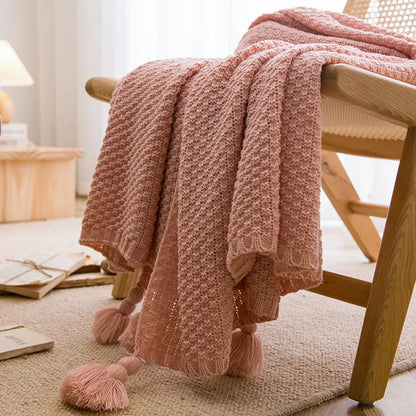 Nordic Retro Chunky Tassel Throw Blanket Boho Knitted Sofa Cover with Large Pompoms Waffle Texture Bed Runner for Living Room